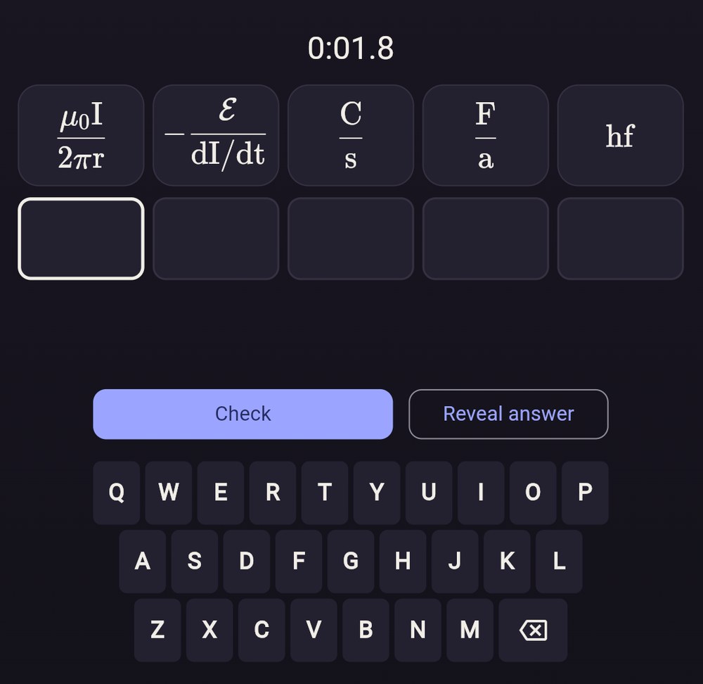A Phyzle round: five equation tiles above five empty letter boxes, with an on-screen keyboard