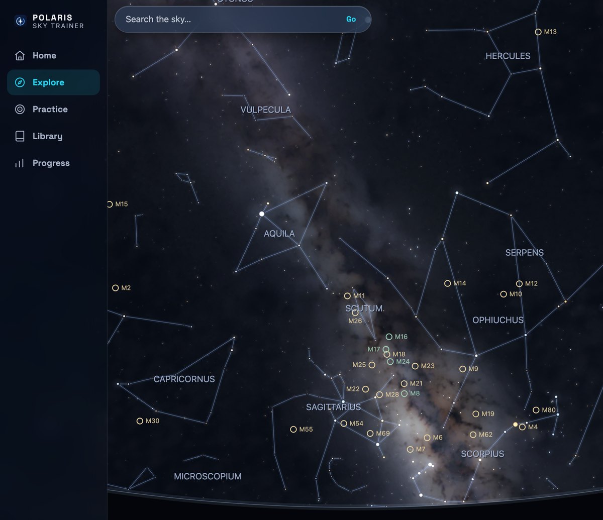 Polaris Sky Trainer planetarium showing Sagittarius, Scorpius, and Messier objects along the Milky Way